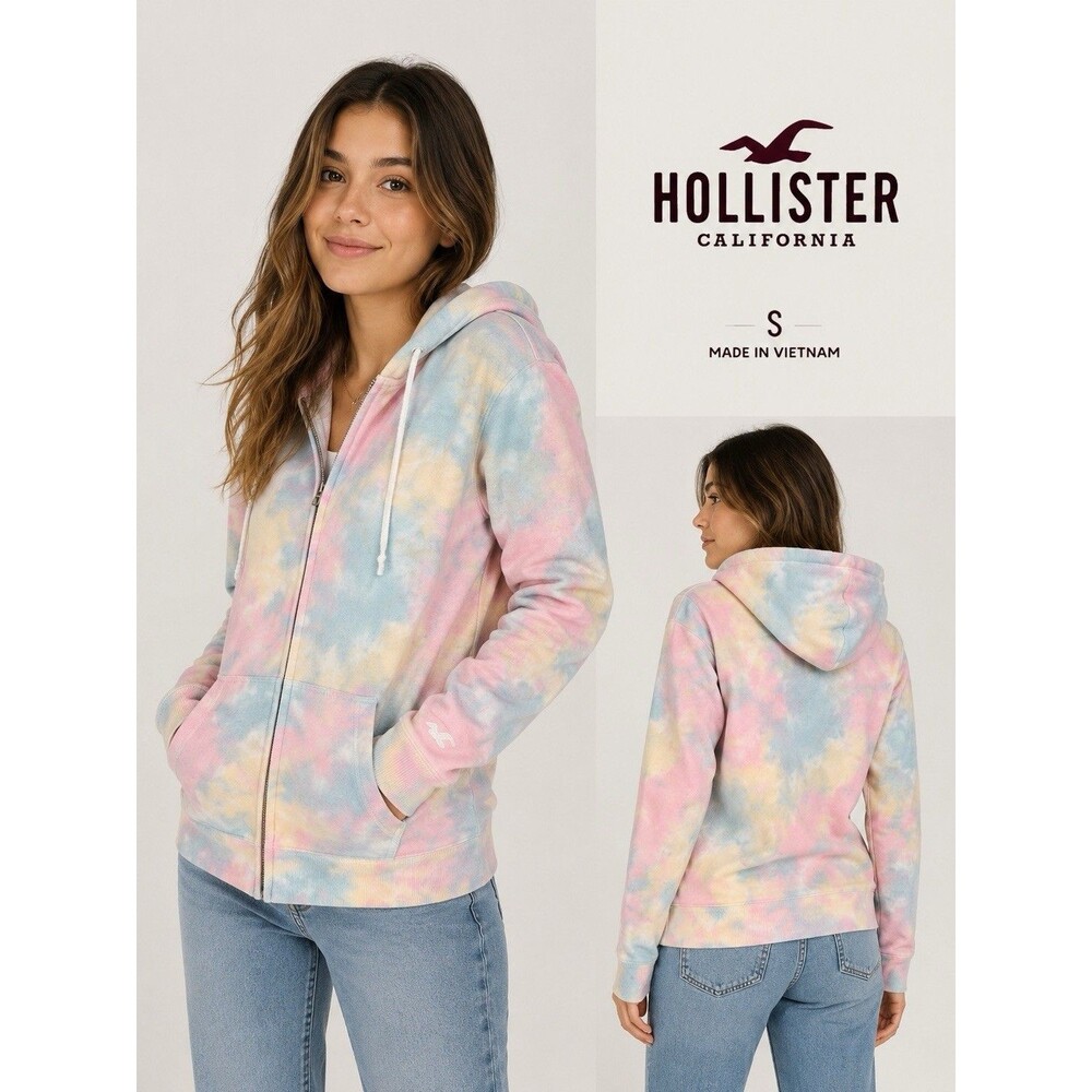 Hollister Hoodie Pink Tie Dye Sweater Womens Front Zip Size s